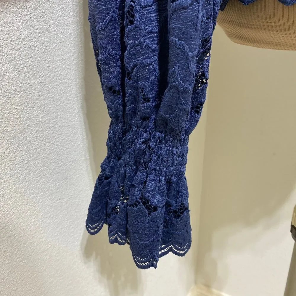 Free People Navy Blue Olivia Balloon Sleeve Lace Blouse Size Medium
